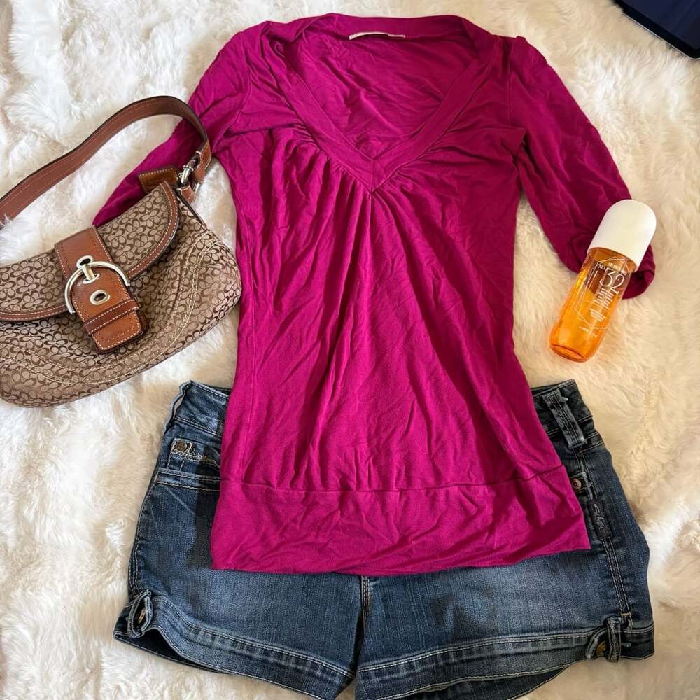 Vintage Dynamite Y2K V-Neck Top Size S/P Magenta Sleeve Blouse
